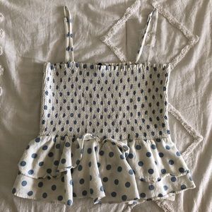 Zara polka dot ribbed ruffle top blue/white XS